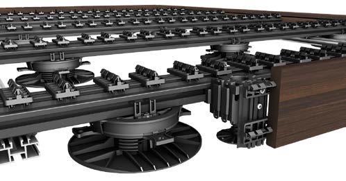 3D-Darstellung eines Grad Terrassensystems mit detaillierten Schienen und Stützfüßen neben einer Holzterrasse